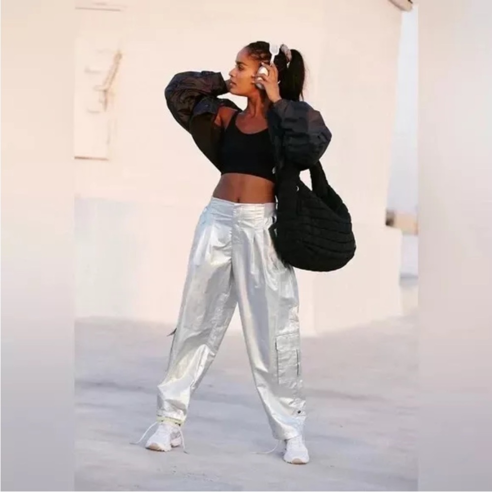 Free People FP Movement Mesmerize Me Silver Shine Cargo Pants NEW